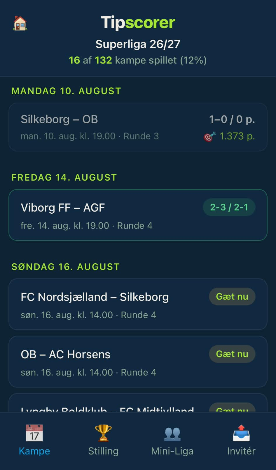 Kampoversigten i Tipscorer